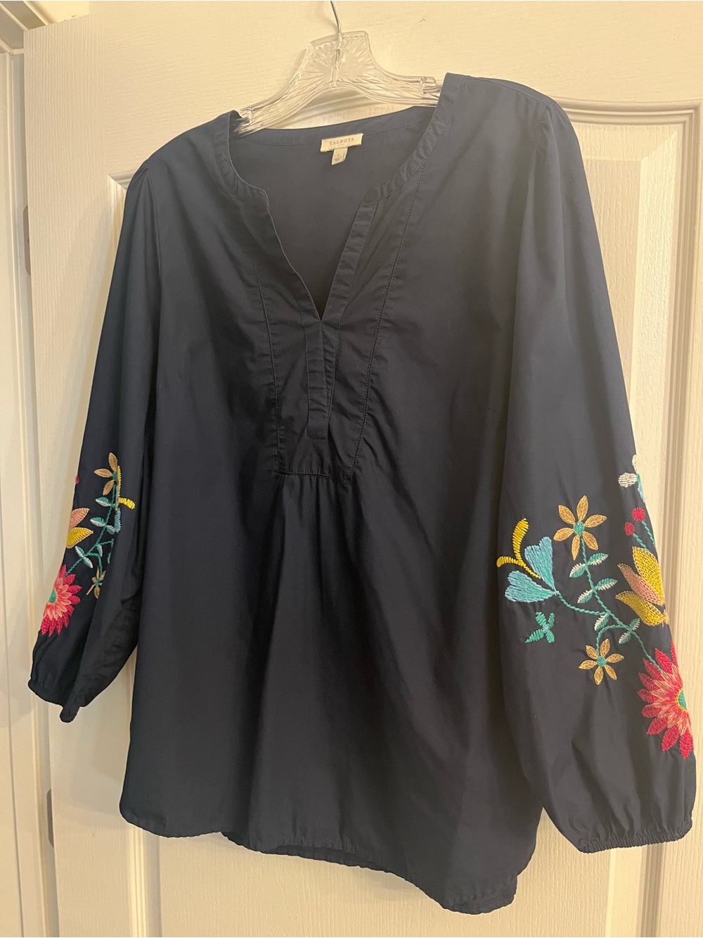 Talbots Navy Tunic with Multicolor Floral Sleeve Embroidery